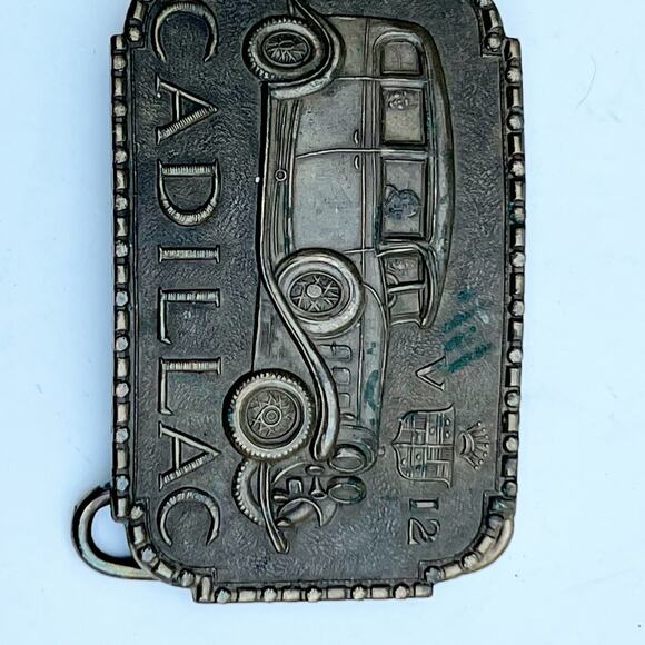 CADILLAC V12  belt buckle vintage brass England Bay State Jewelry Patina - Picture 2 of 8